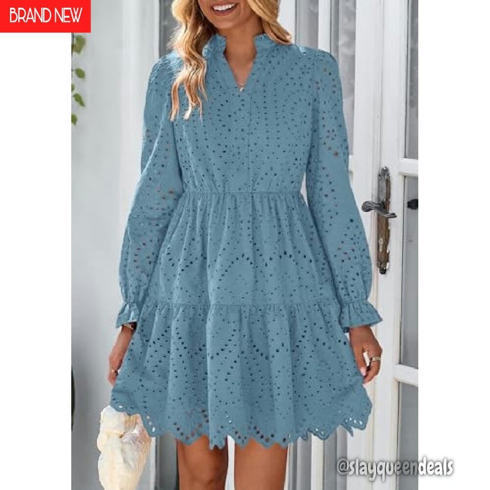 Long Puff Sleeve Mini Dress Lace V Neck A Line Ruffle Casual Party - Picture 7 of 8
